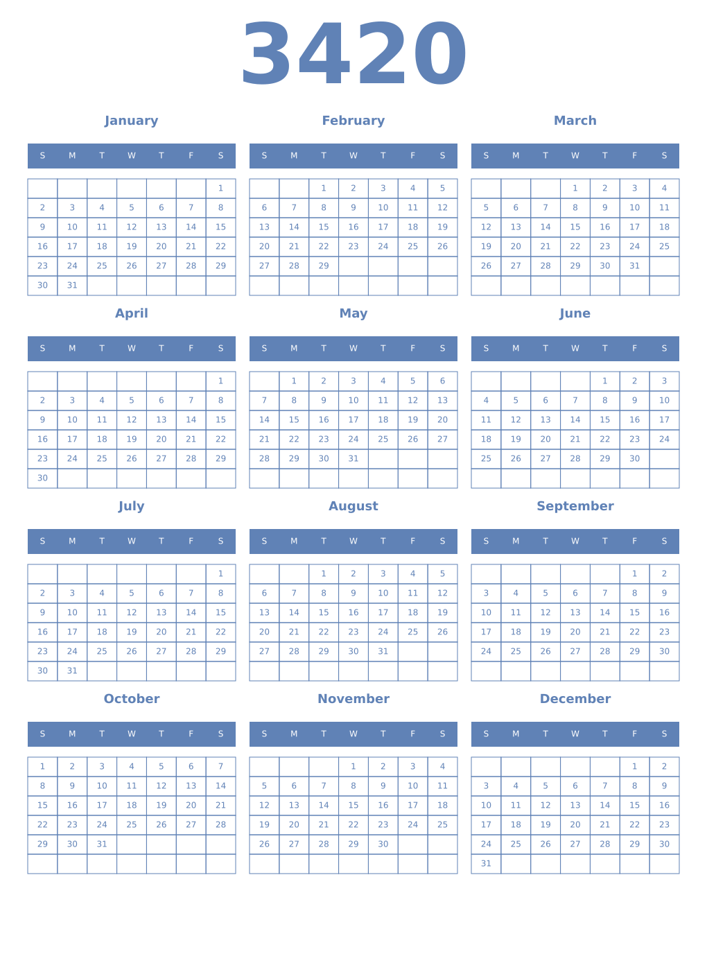 Printable 3420 Year Calendars glaucous
