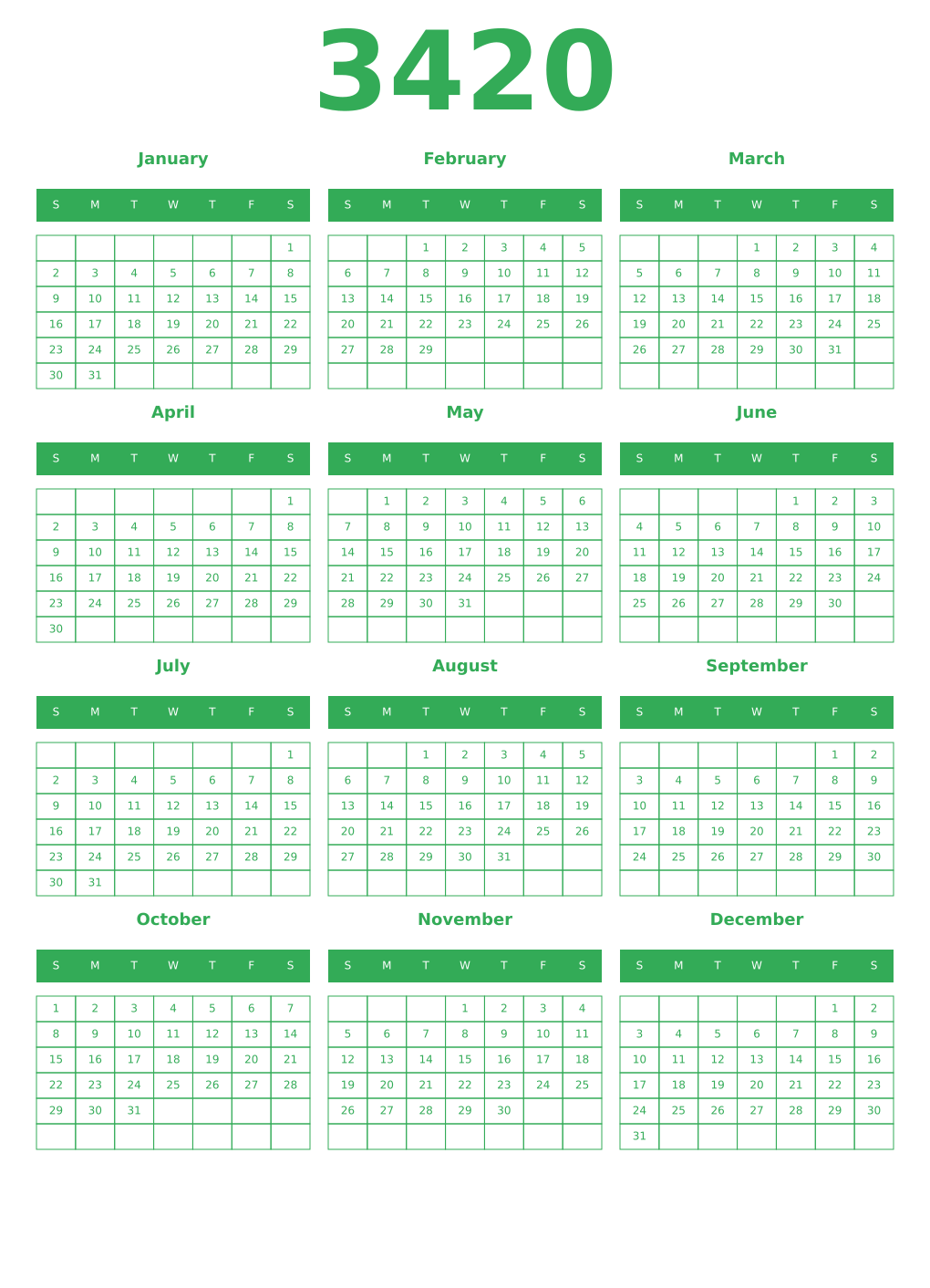 Printable 3420 Year Calendars green