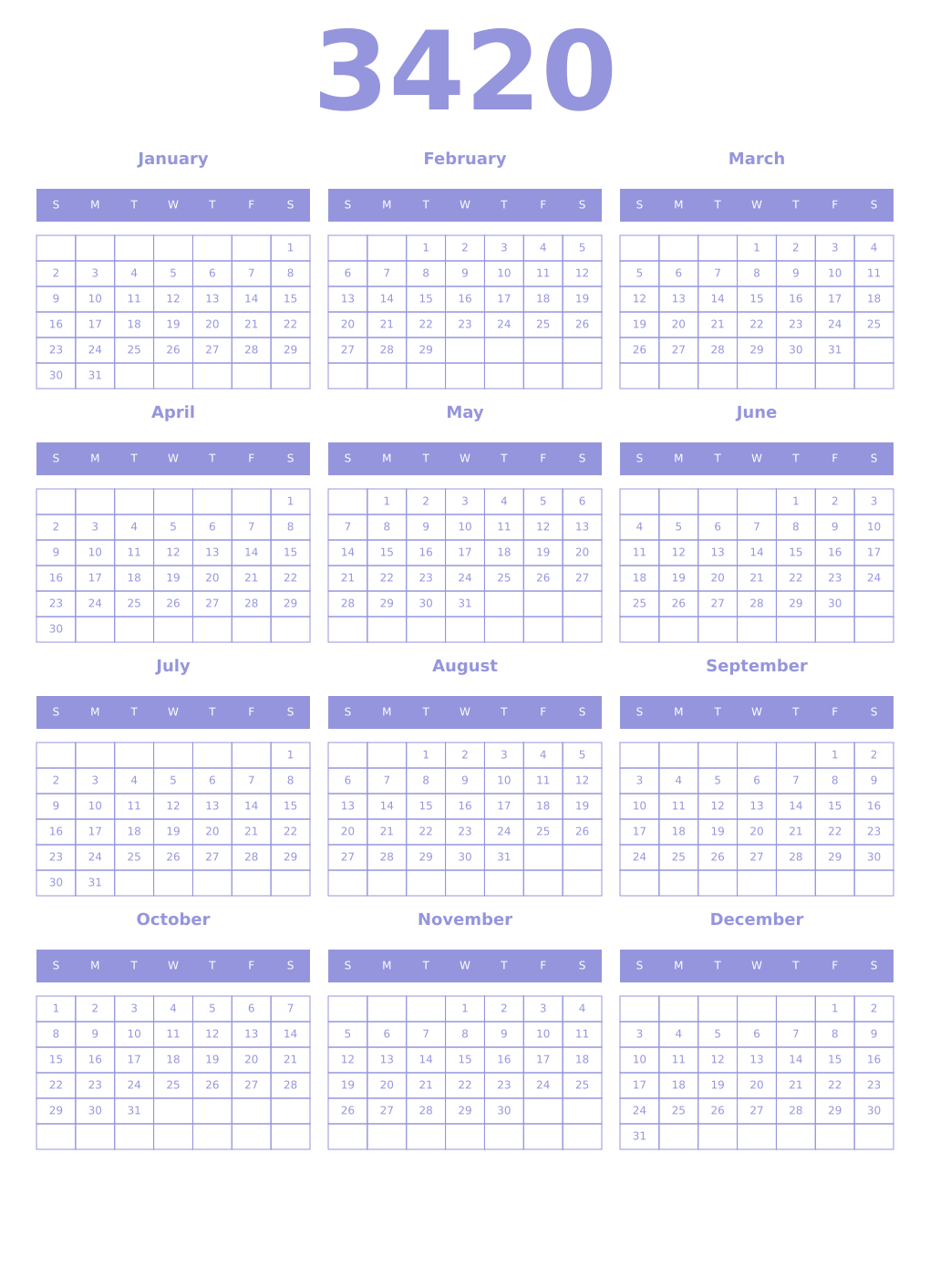 Printable 3420 Year Calendars periwinkle