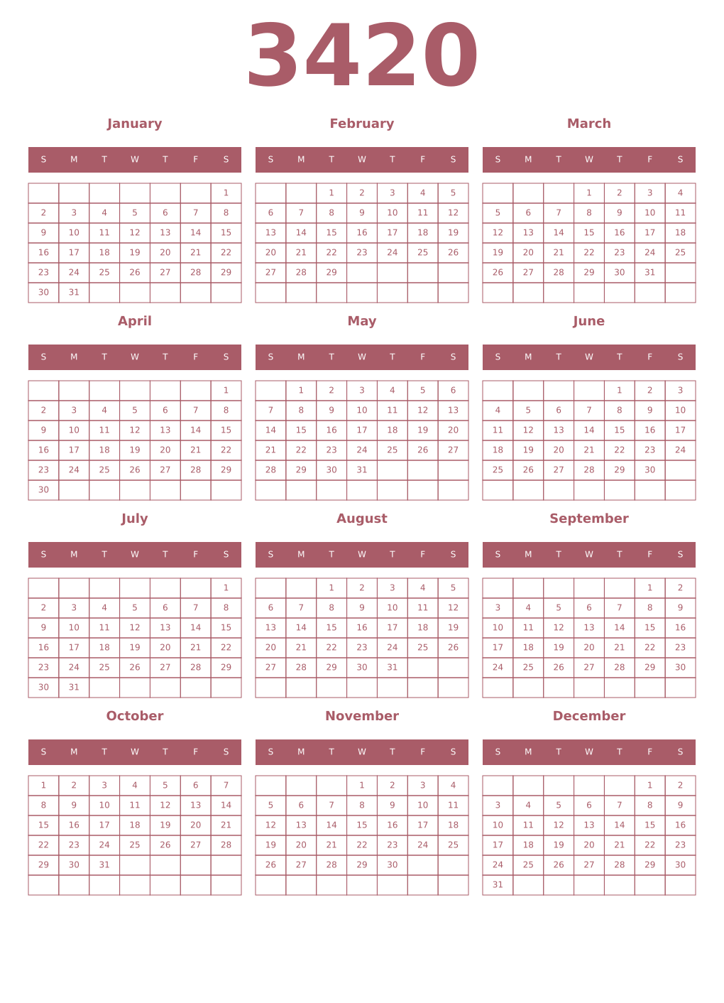 Printable 3420 Year Calendars puce