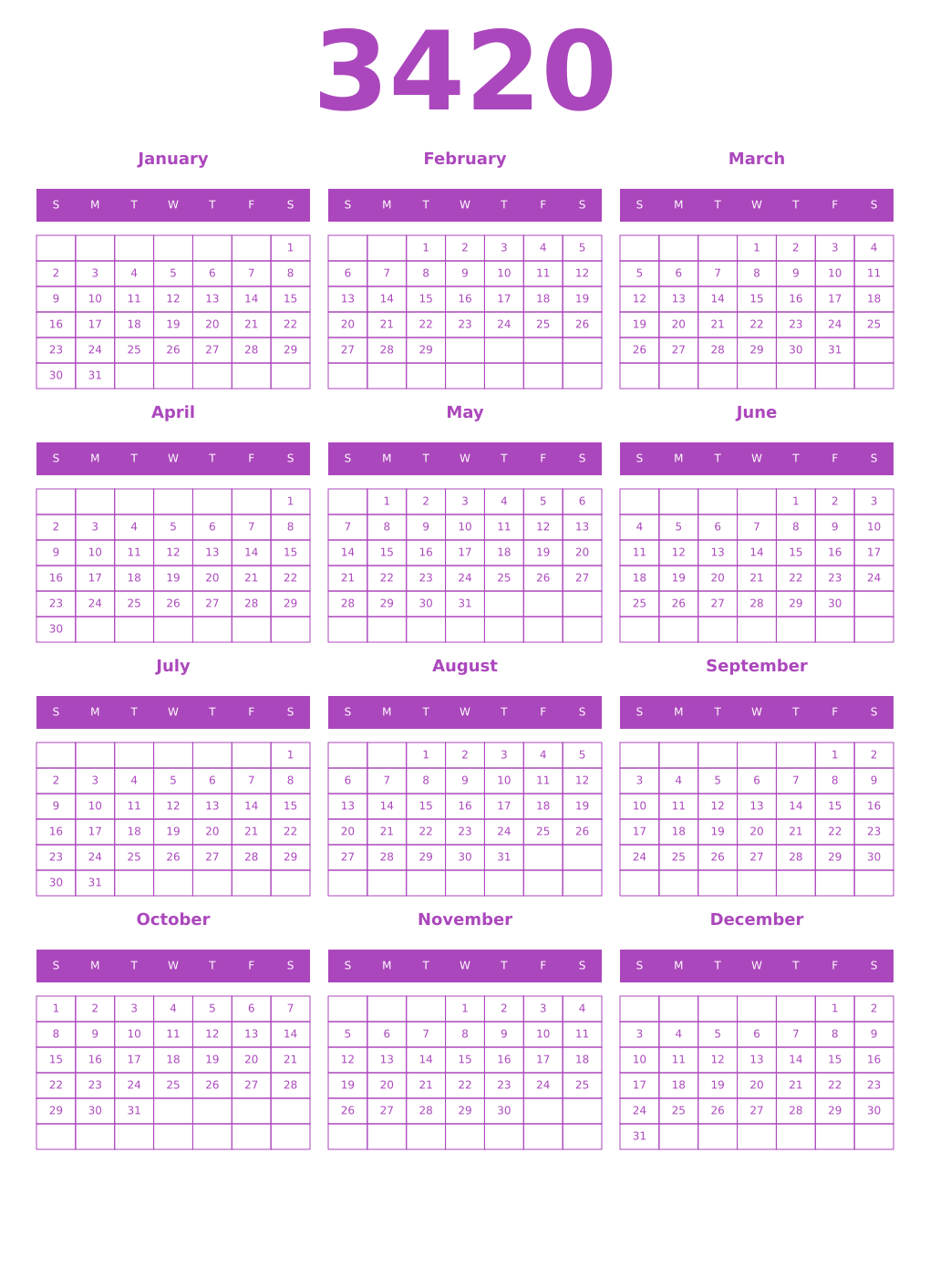 Printable 3420 Year Calendars purple