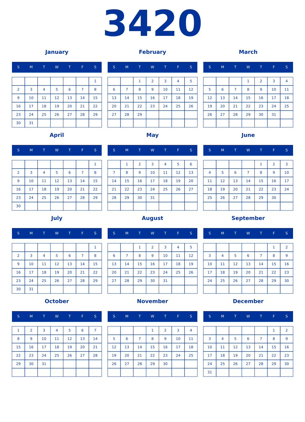 Printable 3420 Year Calendars smalt