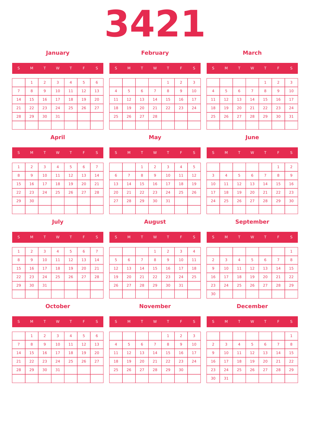 Printable 3421 Year Calendars amaranth