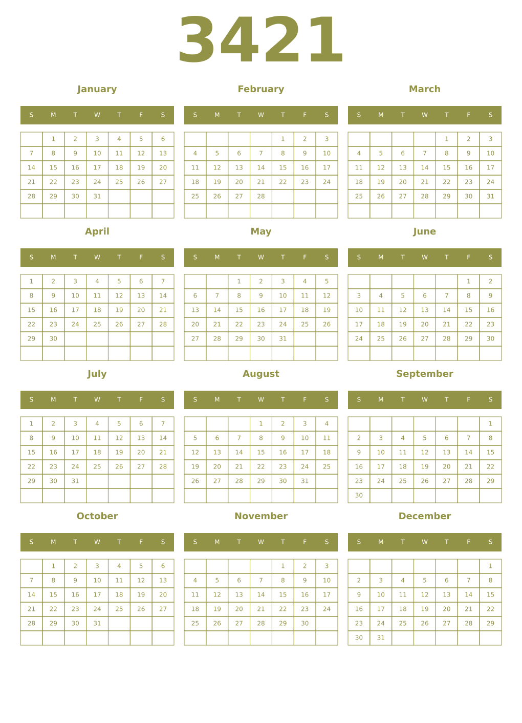 Printable 3421 Year Calendars eburnean