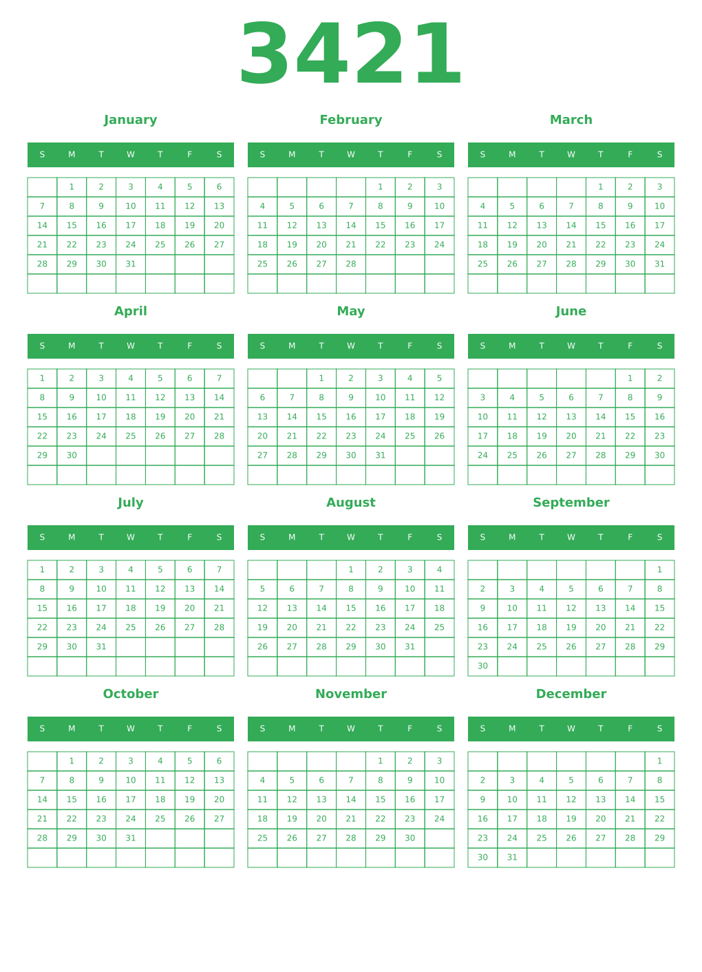 Printable 3421 Year Calendars green