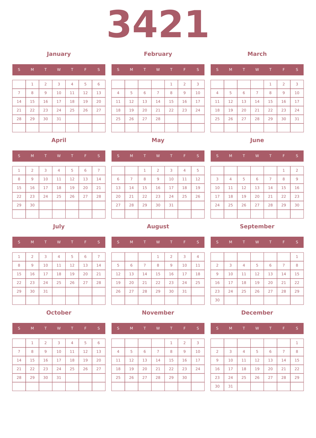 Printable 3421 Year Calendars puce