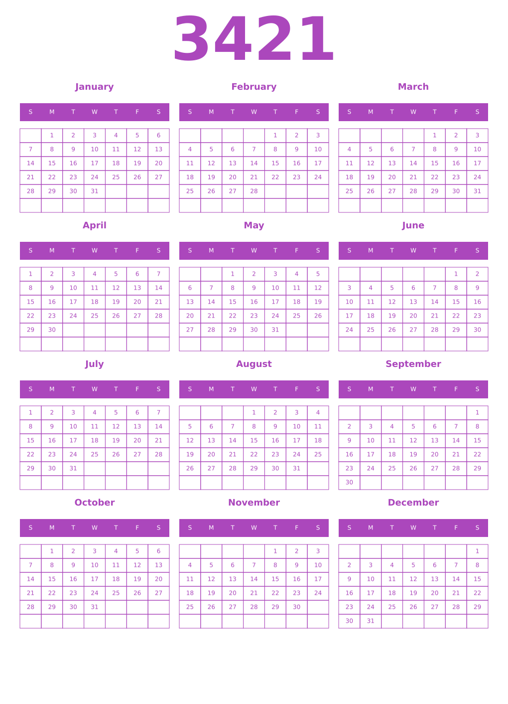 Printable 3421 Year Calendars purple
