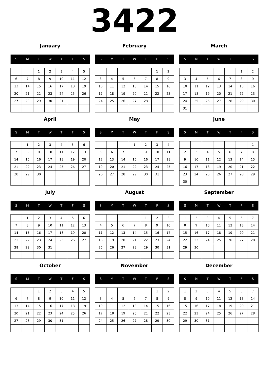 Printable 3422 Year Calendars black