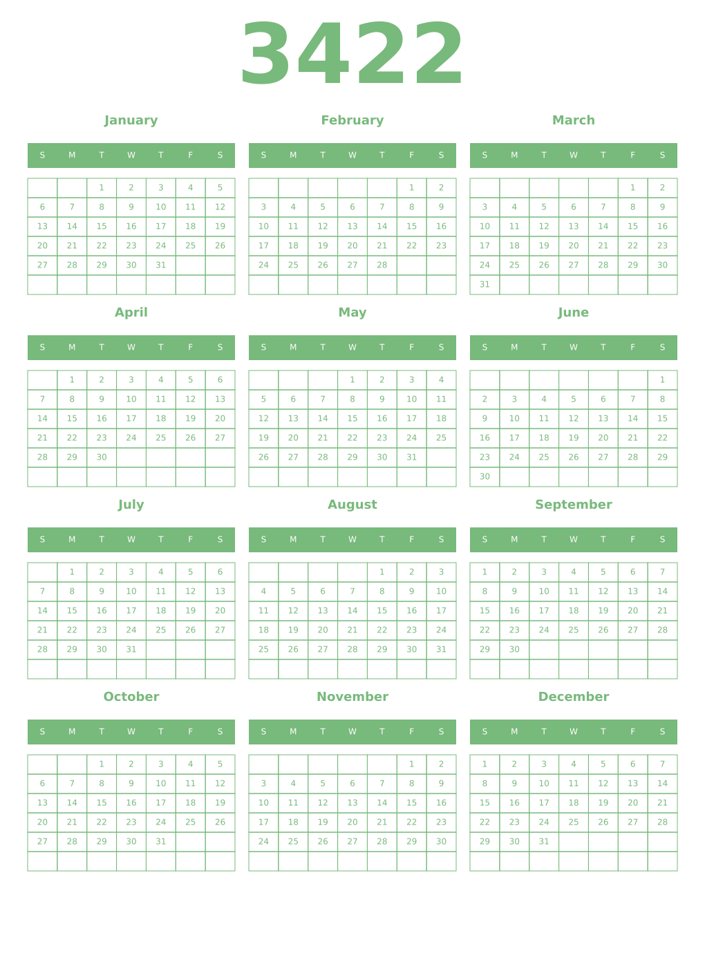 Printable 3422 Year Calendars celadon