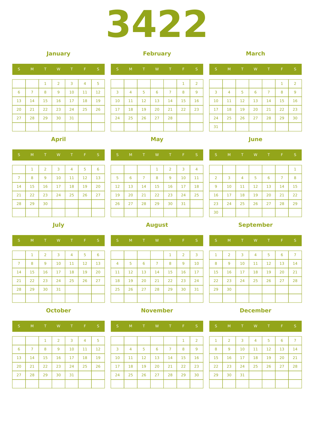 Printable 3422 Year Calendars chartreuse