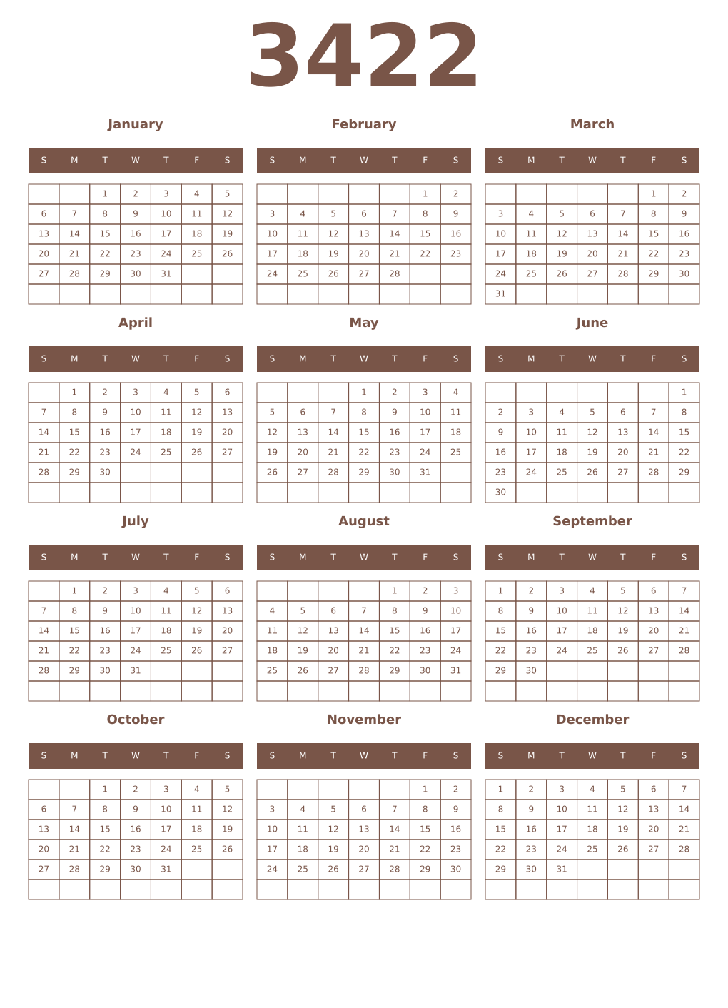 Printable 3422 Year Calendars coffe