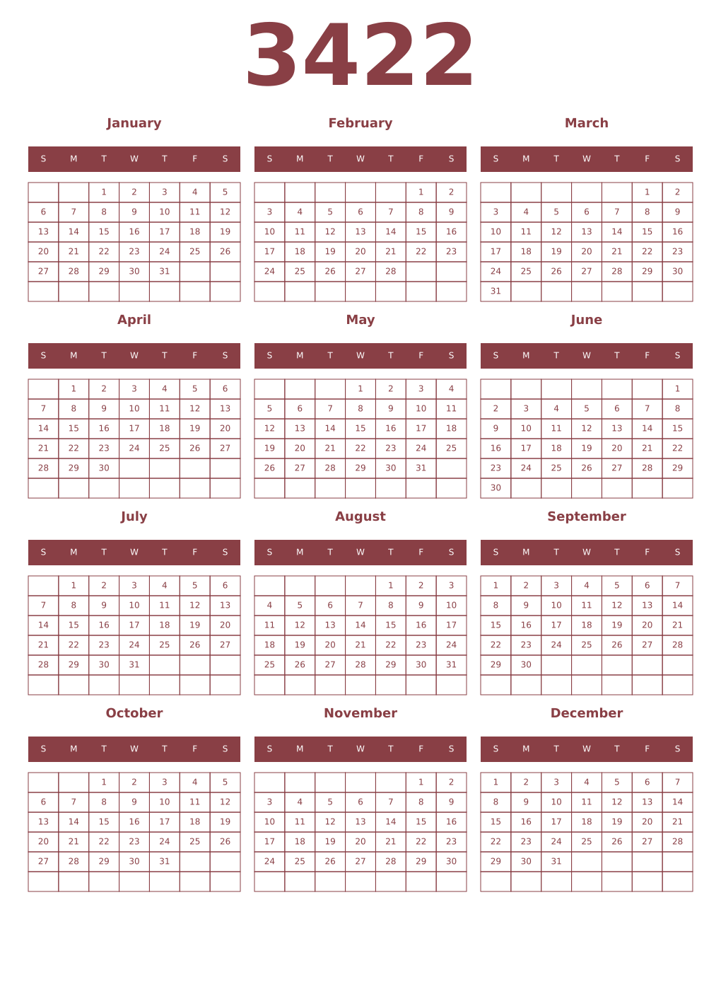 Printable 3422 Year Calendars cordovan