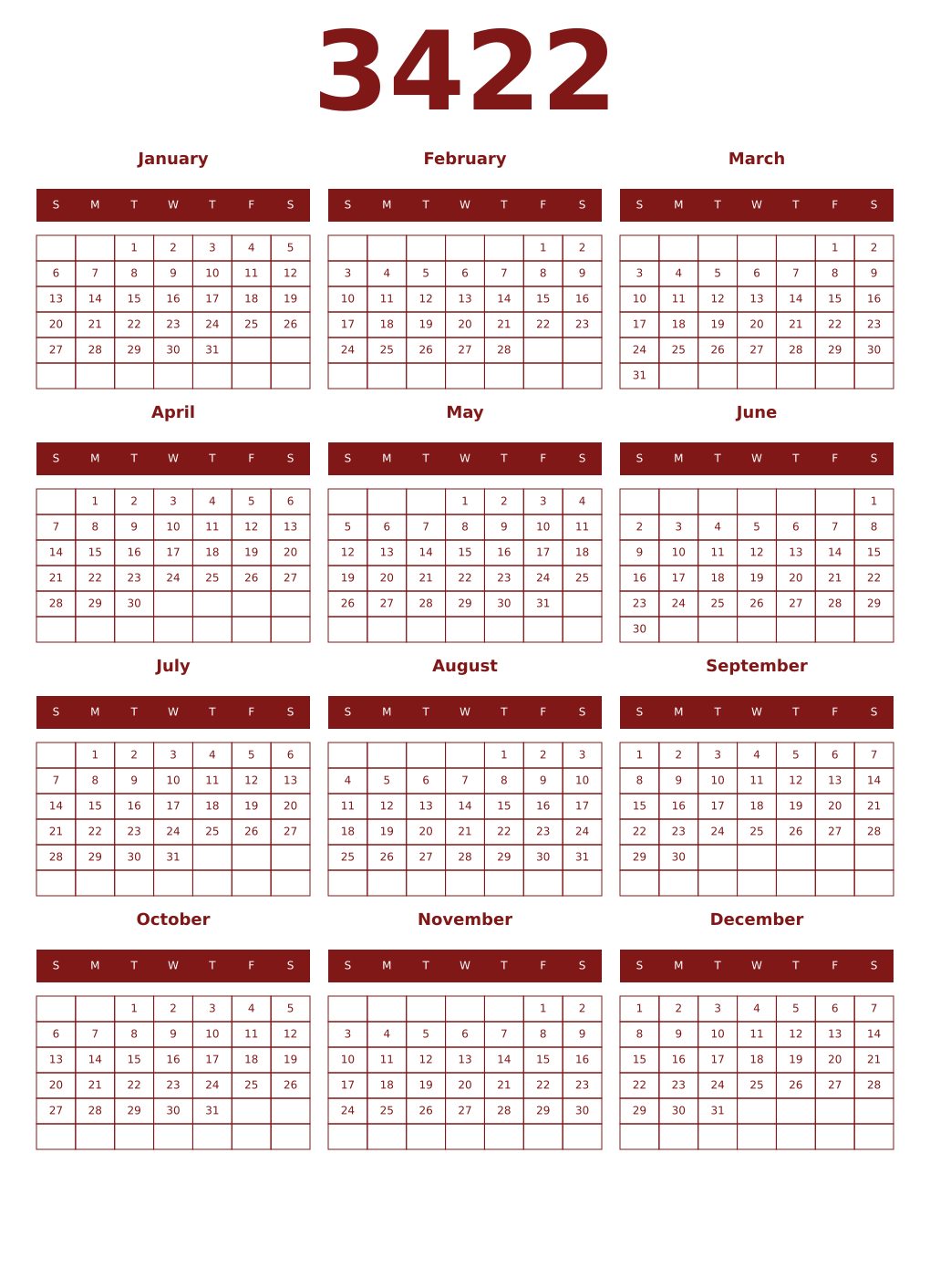 Printable 3422 Year Calendars falu
