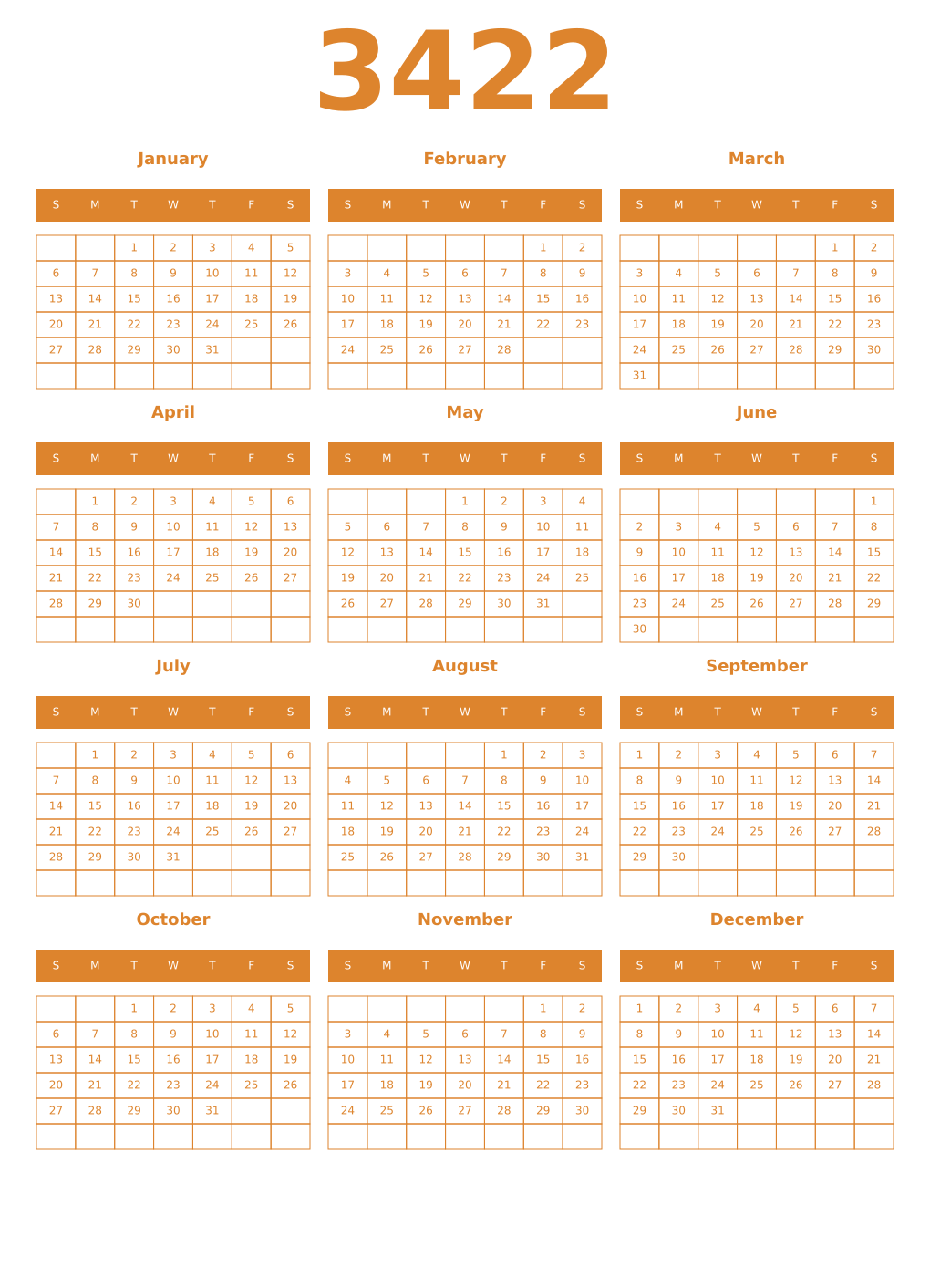 Printable 3422 Year Calendars orange