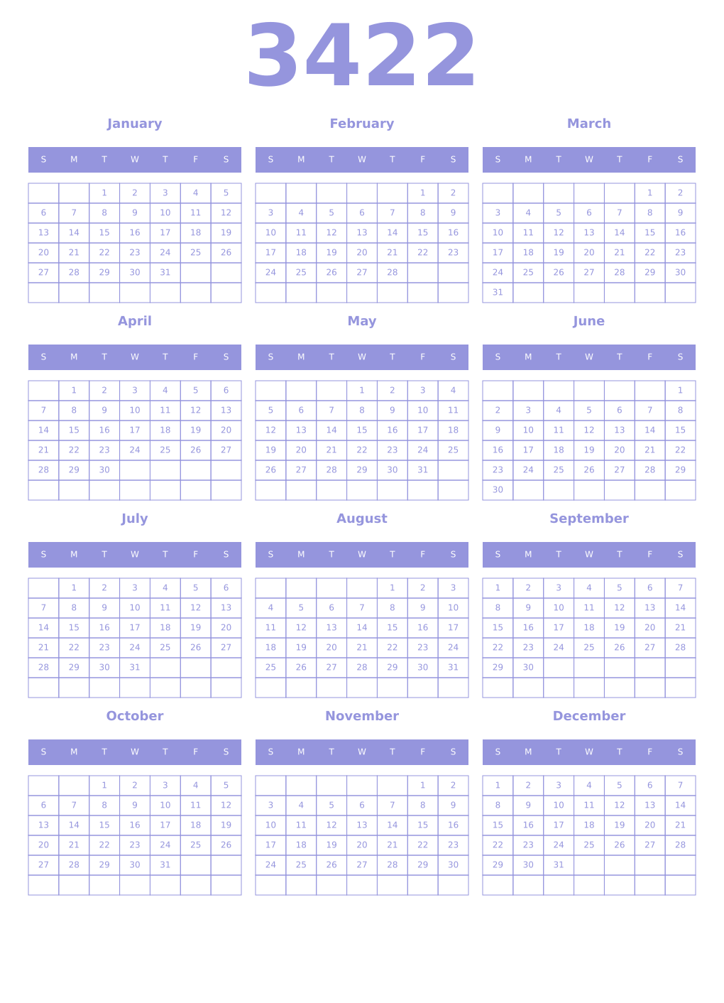 Printable 3422 Year Calendars periwinkle