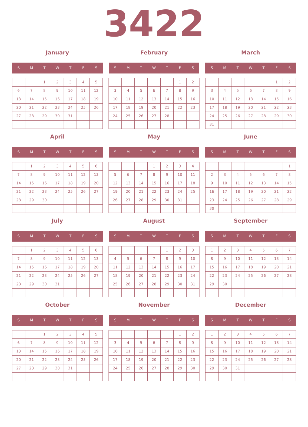 Printable 3422 Year Calendars puce