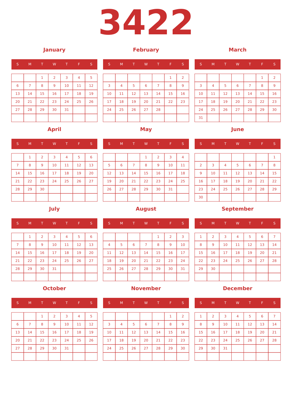 Printable 3422 Year Calendars red