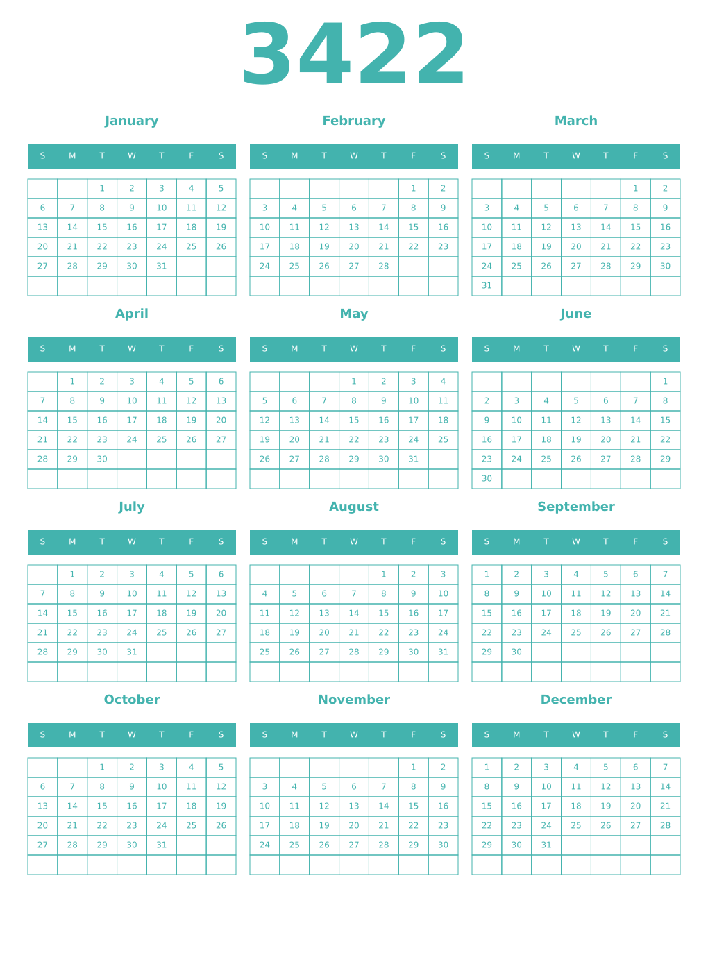Printable 3422 Year Calendars verdigris