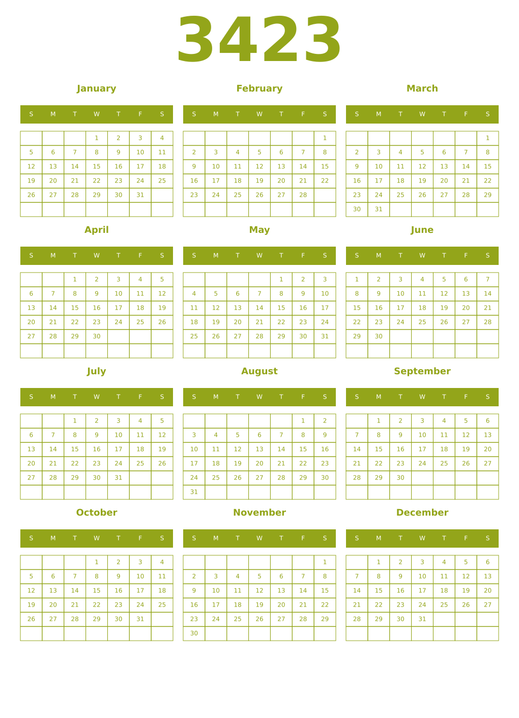 Printable 3423 Year Calendars chartreuse
