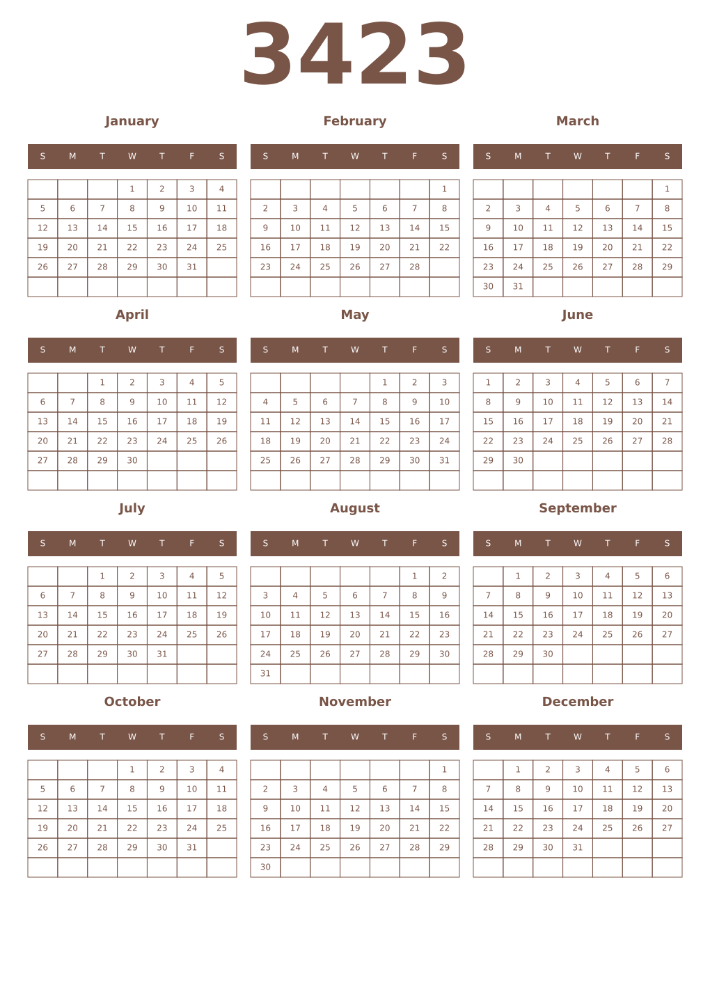Printable 3423 Year Calendars coffe
