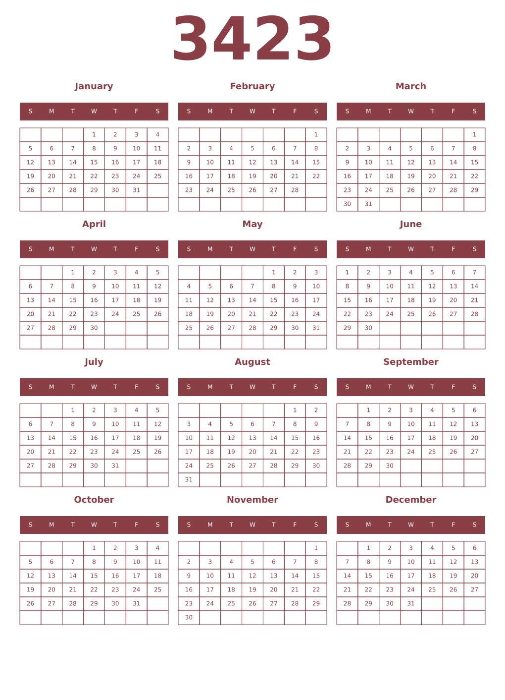 Printable 3423 Year Calendars cordovan