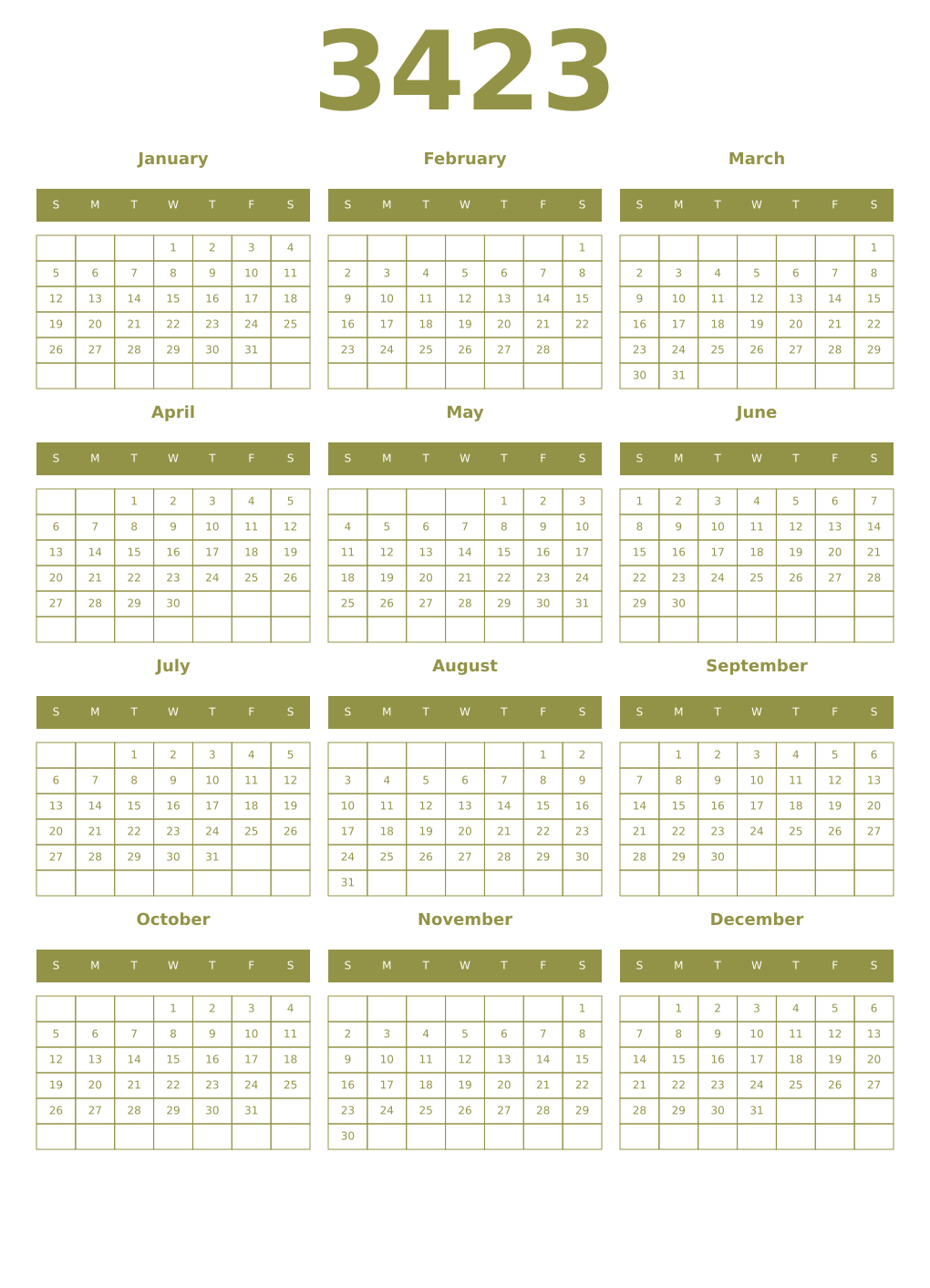 Printable 3423 Year Calendars eburnean