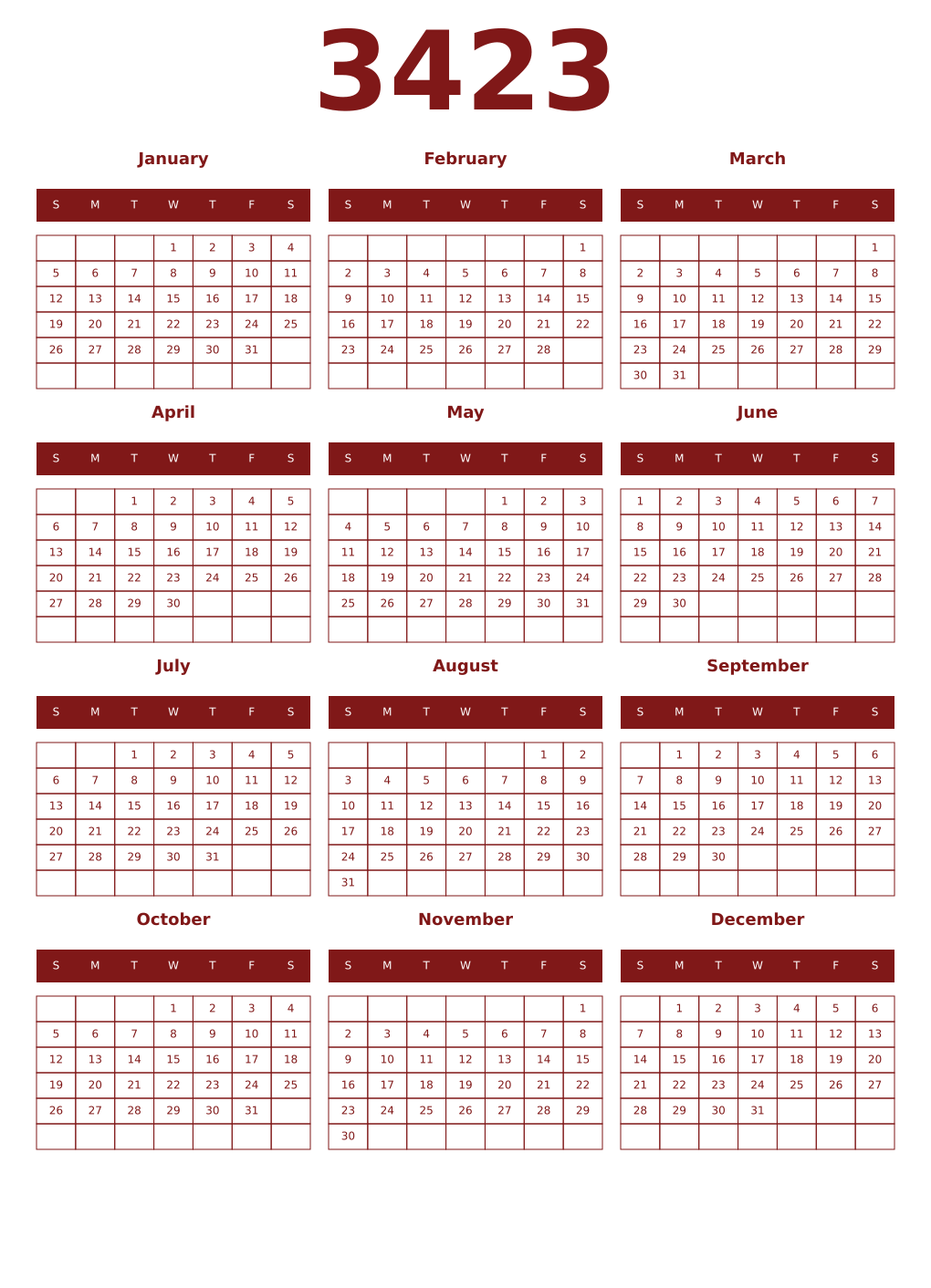 Printable 3423 Year Calendars falu