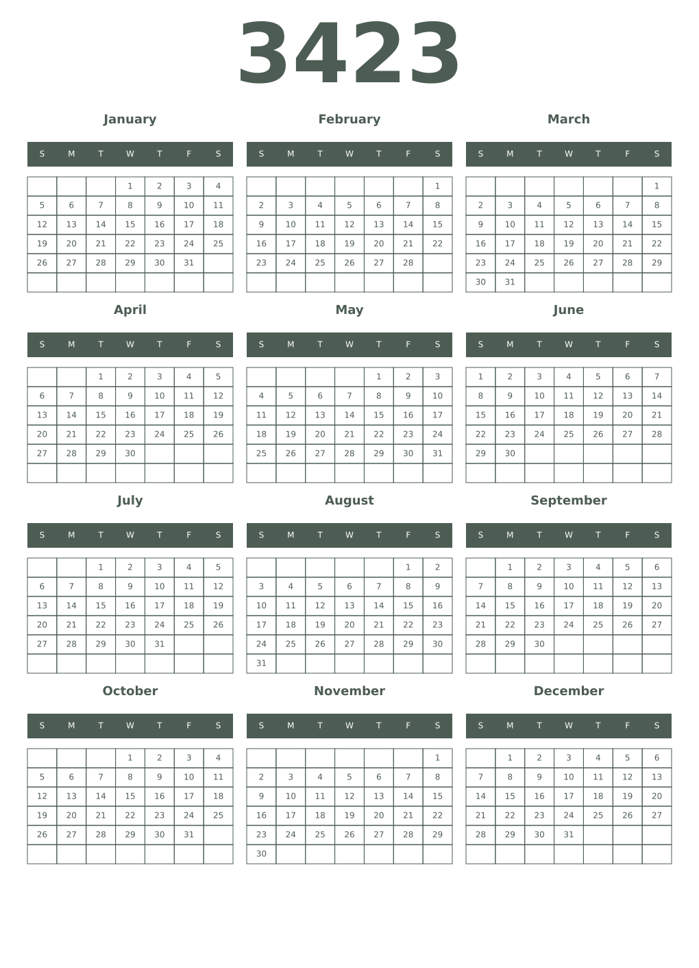 Printable 3423 Year Calendars feldgrau