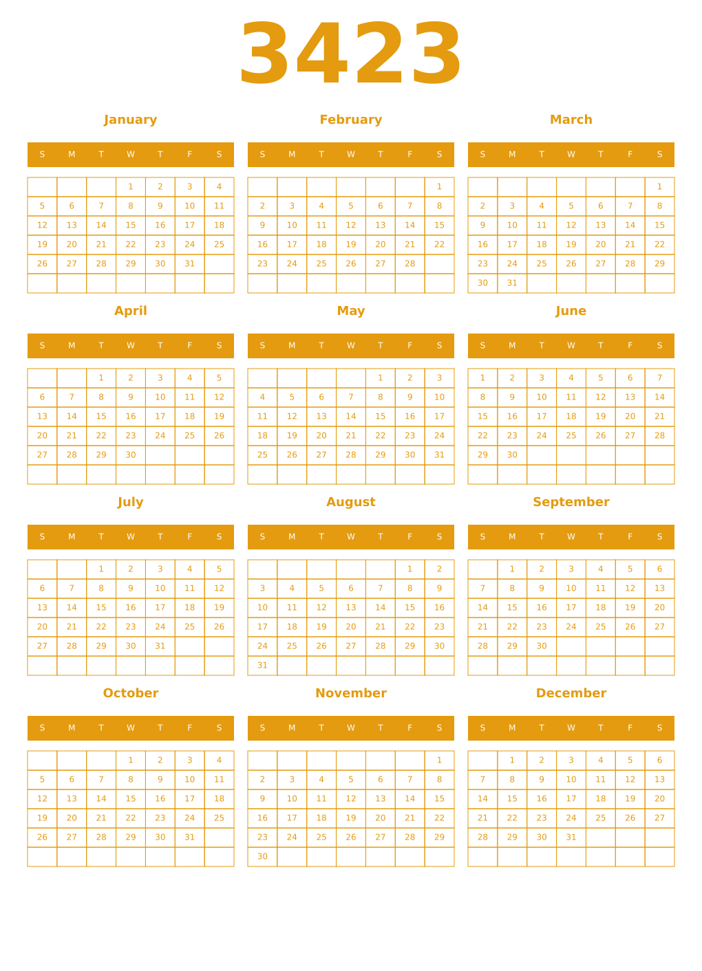 Printable 3423 Year Calendars gamboge