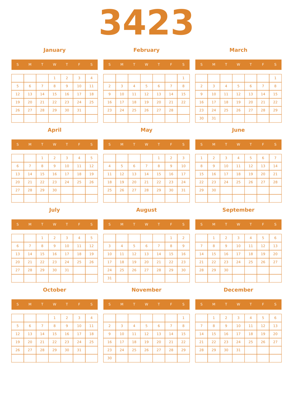 Printable 3423 Year Calendars orange