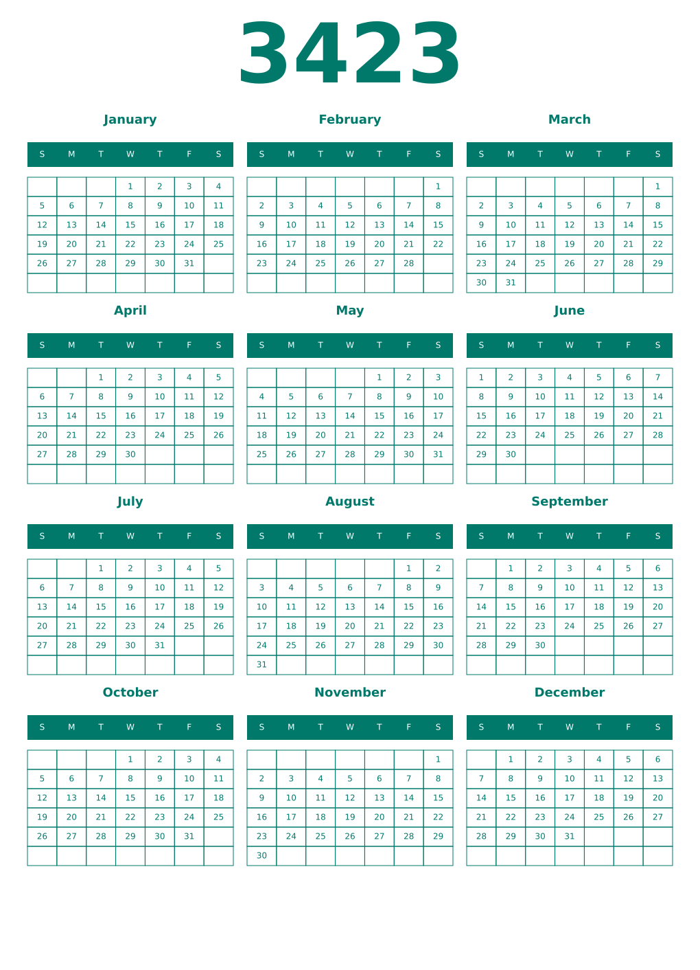 Printable 3423 Year Calendars pastel
