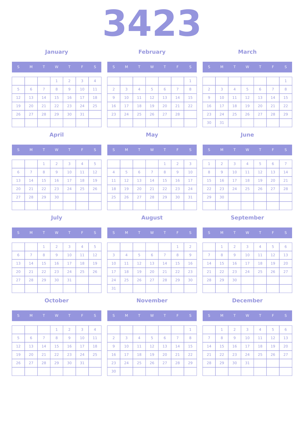 Printable 3423 Year Calendars periwinkle