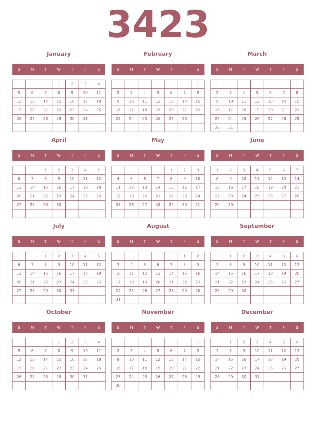 Printable 3423 Year Calendars puce