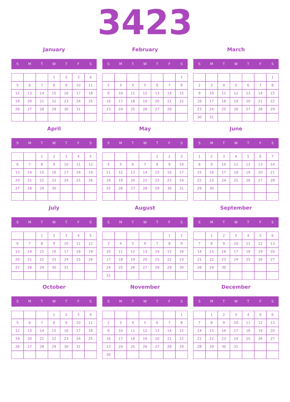 Printable 3423 Year Calendars purple