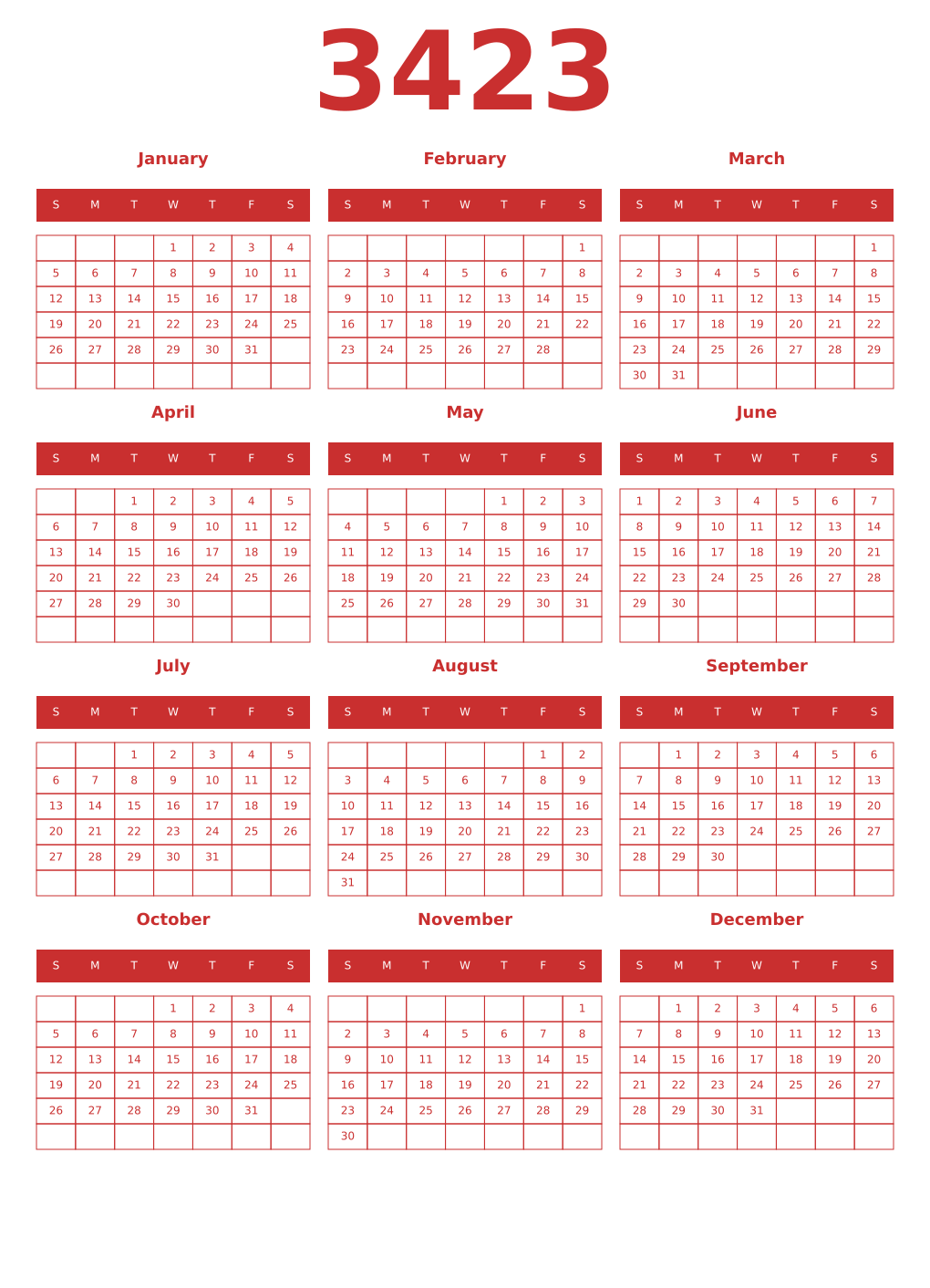 Printable 3423 Year Calendars red