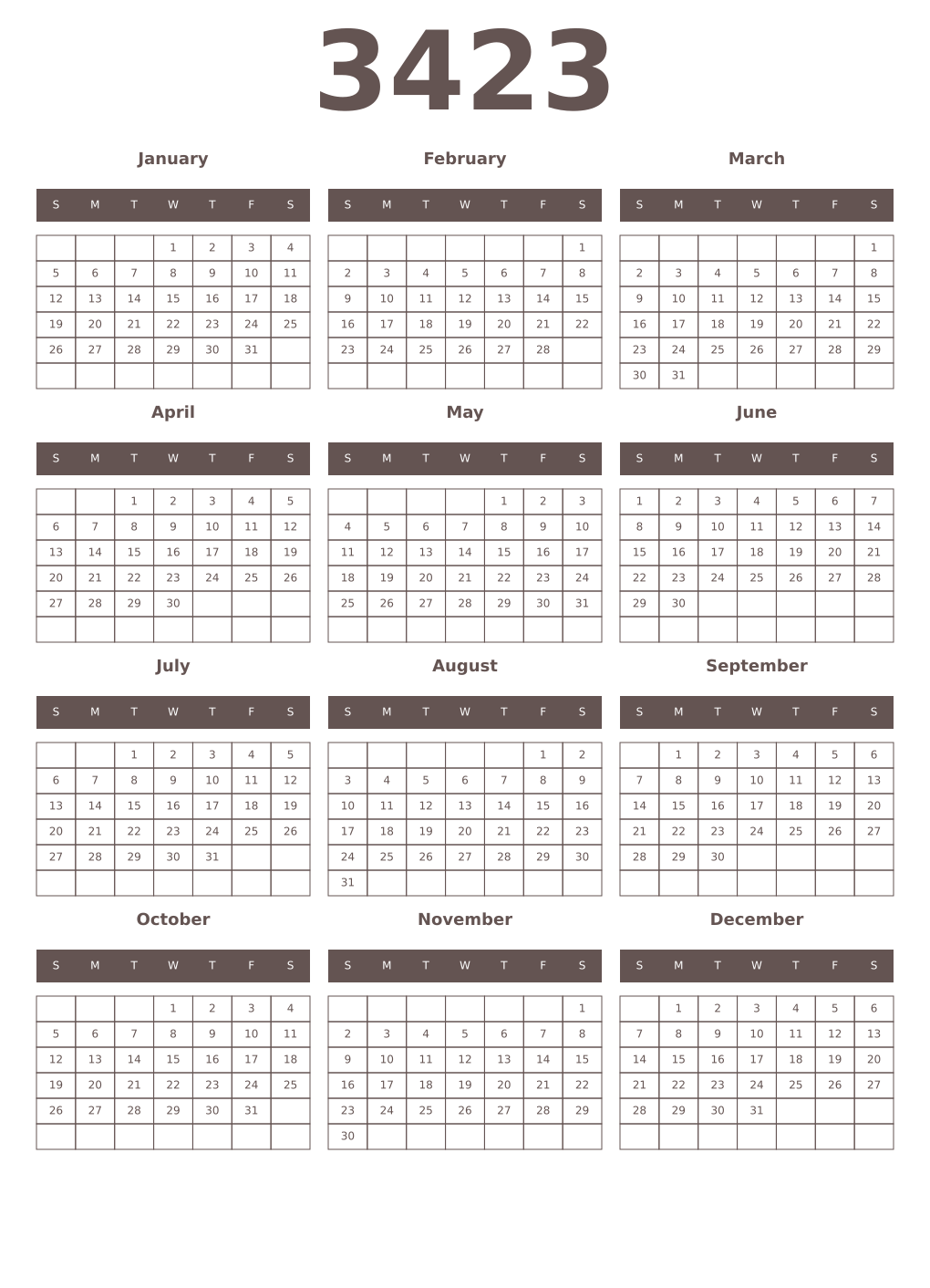 Printable 3423 Year Calendars wenge