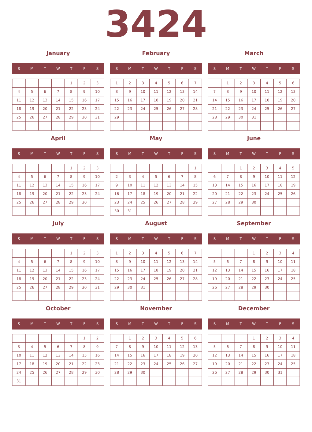 Printable 3424 Year Calendars cordovan