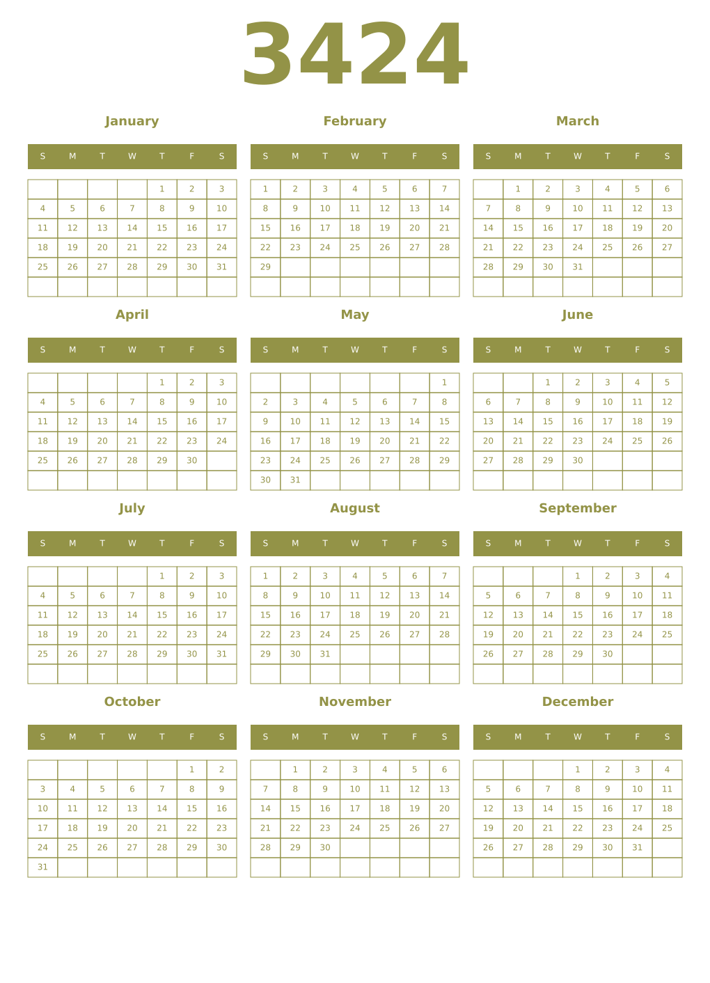 Printable 3424 Year Calendars eburnean