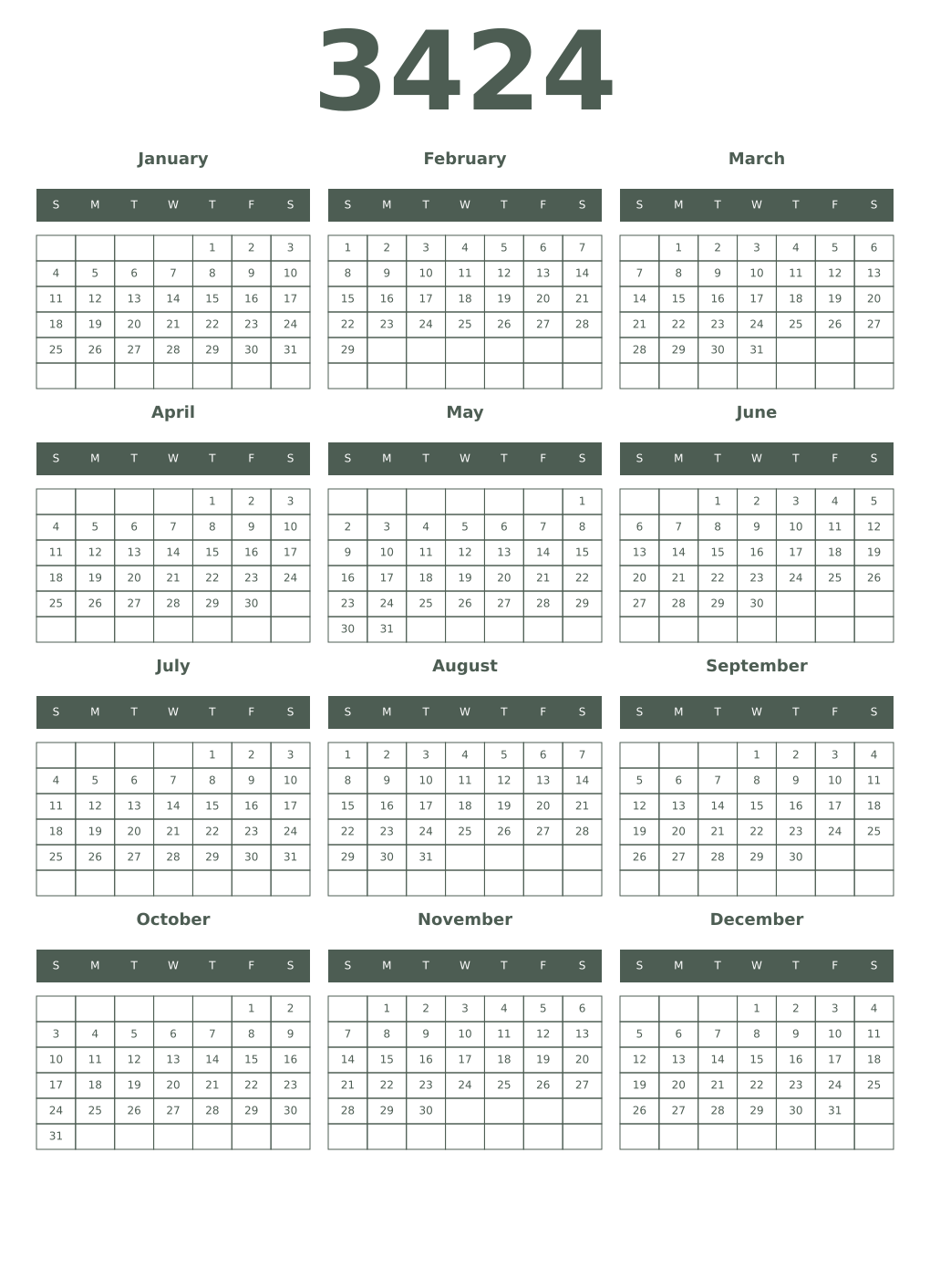 Printable 3424 Year Calendars feldgrau
