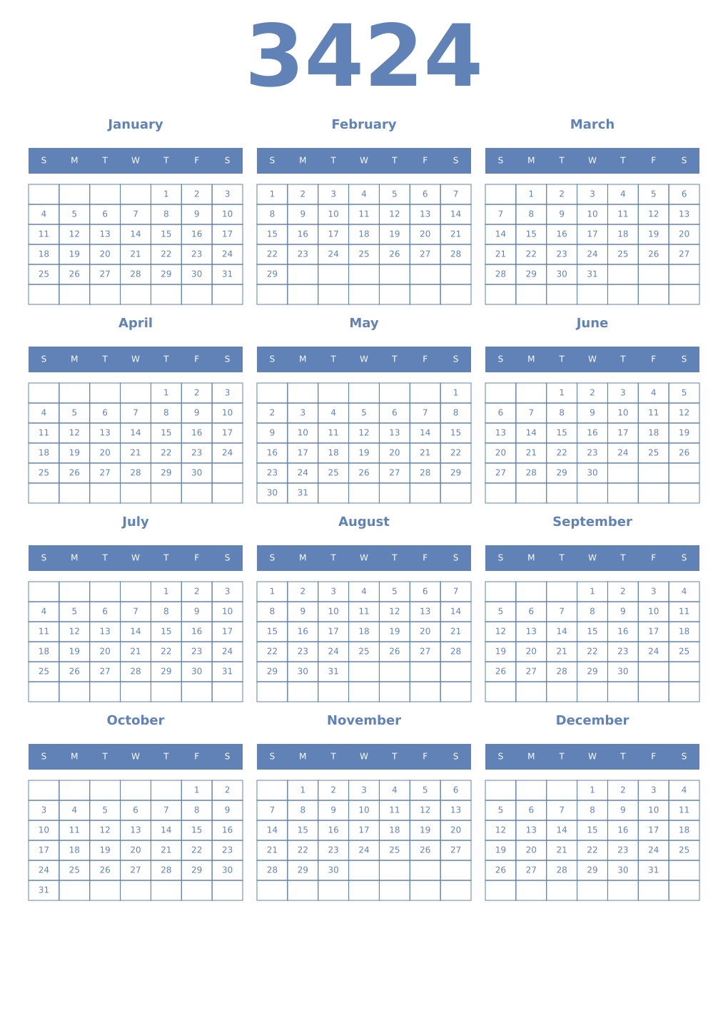 Printable 3424 Year Calendars glaucous