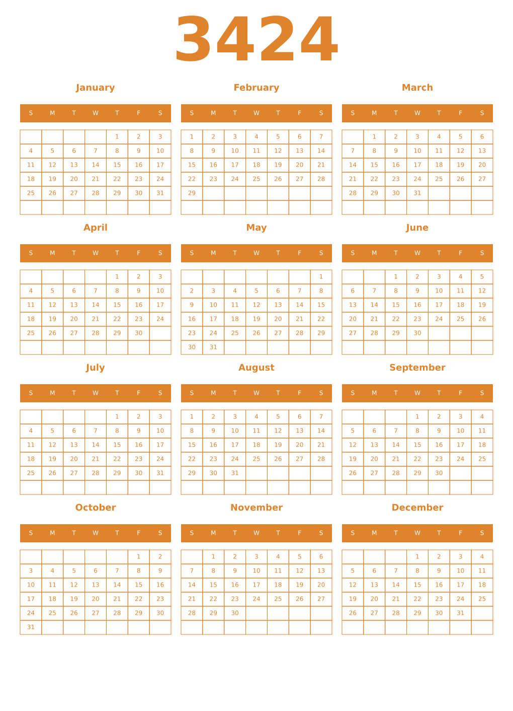 Printable 3424 Year Calendars orange