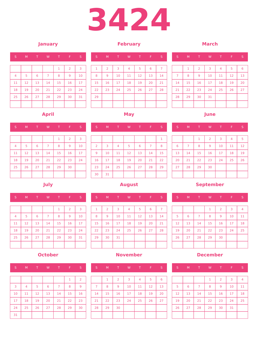 Printable 3424 Year Calendars pink