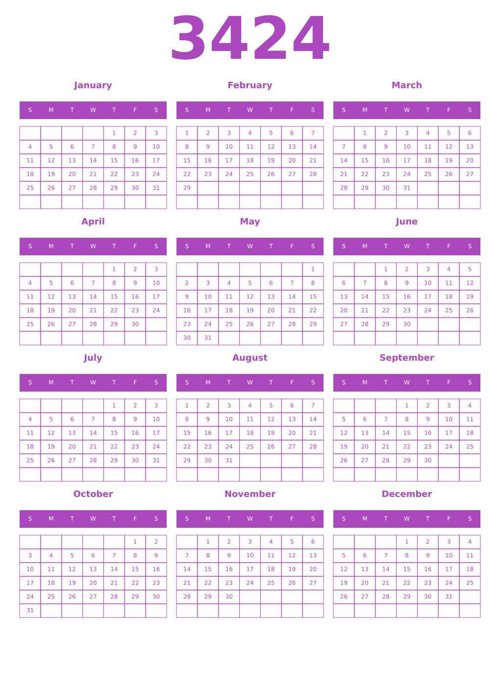 Printable 3424 Year Calendars purple