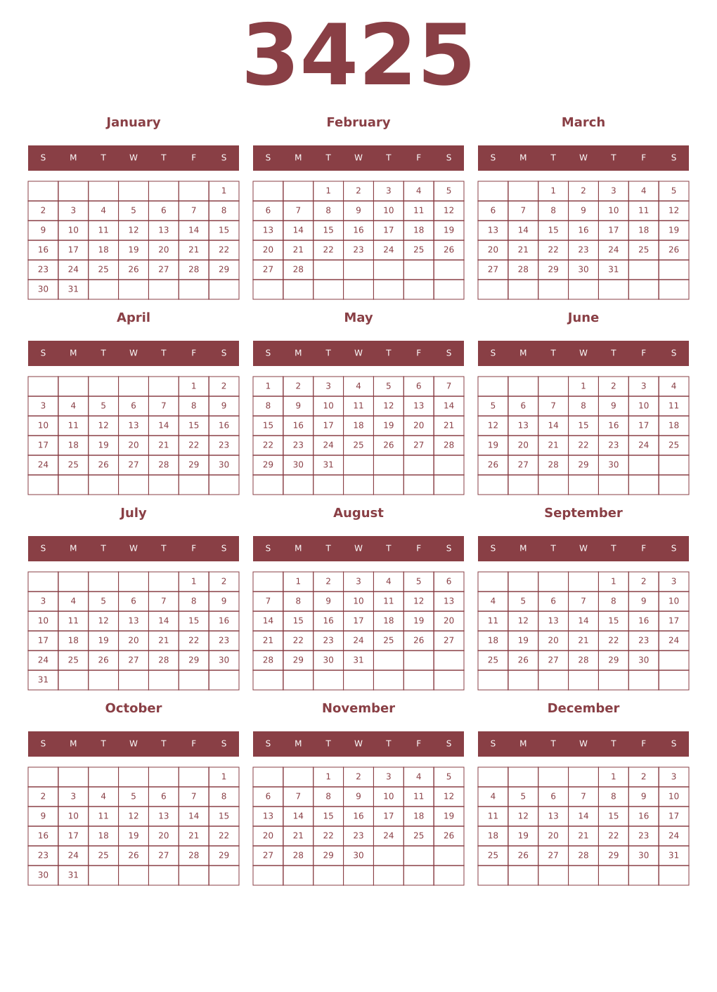 Printable 3425 Year Calendars cordovan