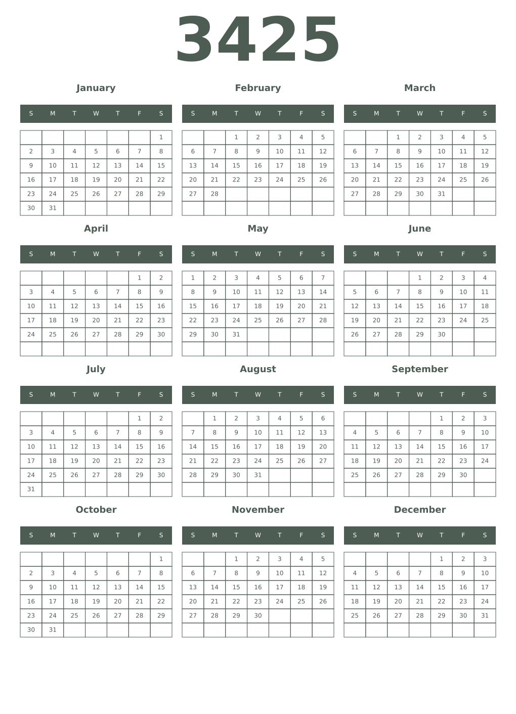 Printable 3425 Year Calendars feldgrau