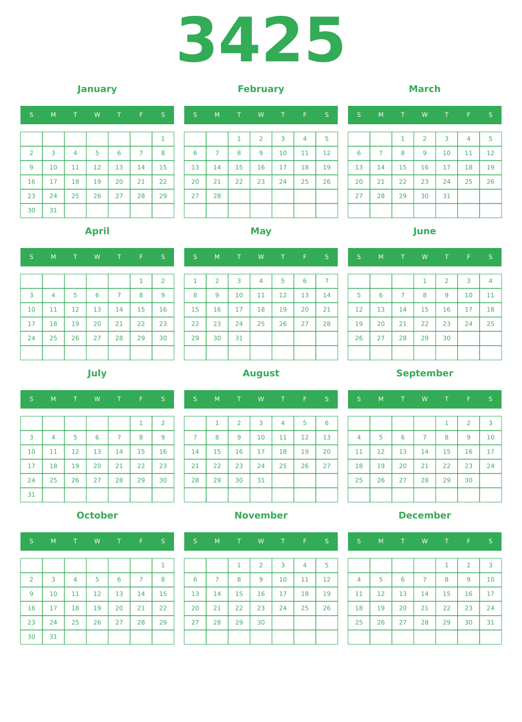 Printable 3425 Year Calendars green