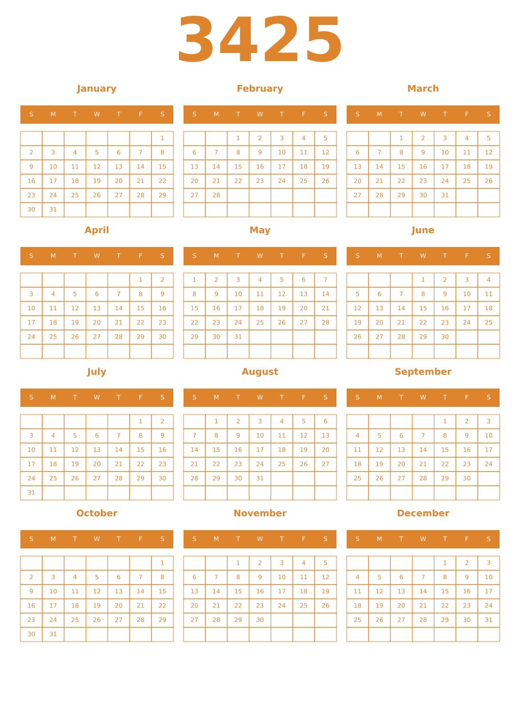 Printable 3425 Year Calendars orange