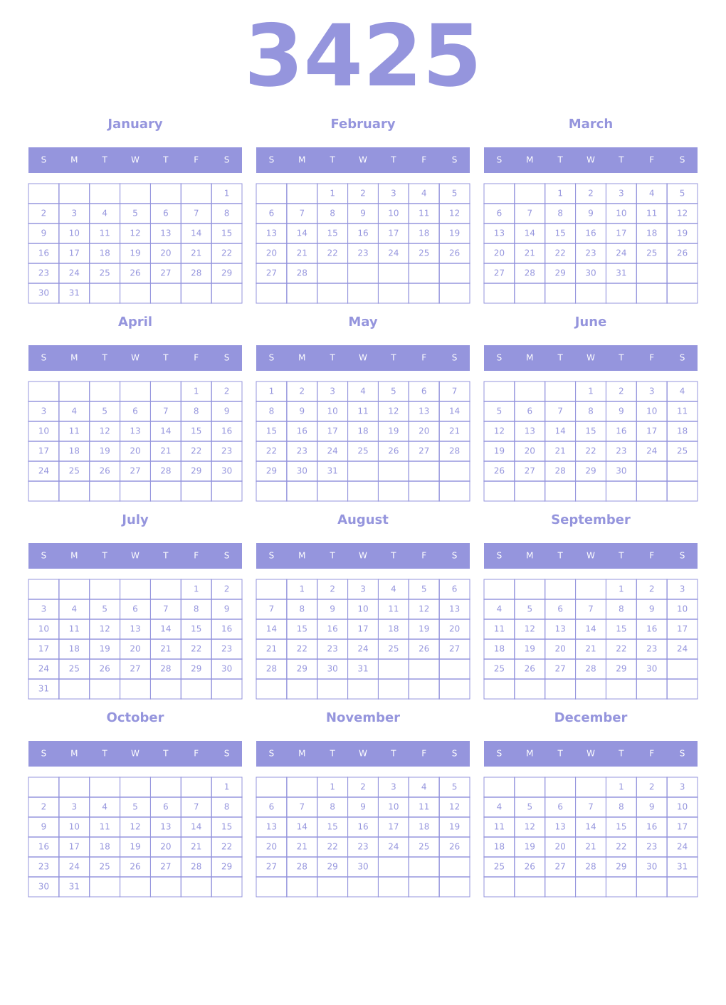 Printable 3425 Year Calendars periwinkle
