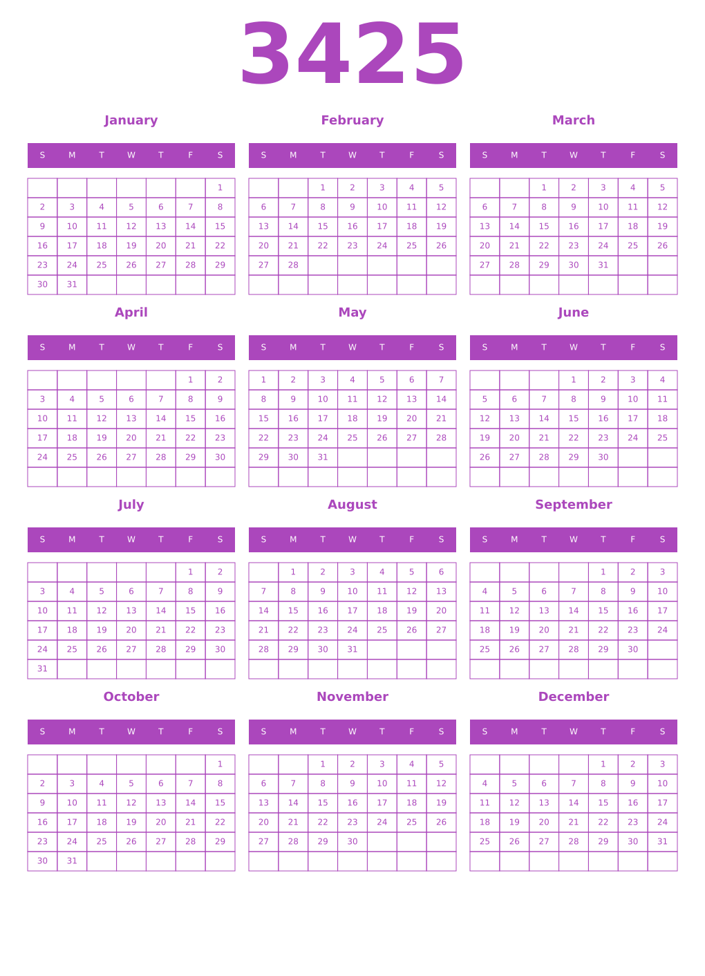 Printable 3425 Year Calendars purple