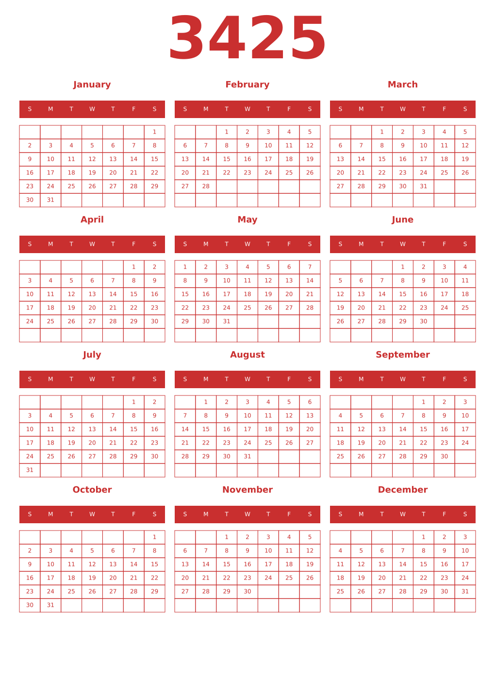 Printable 3425 Year Calendars red